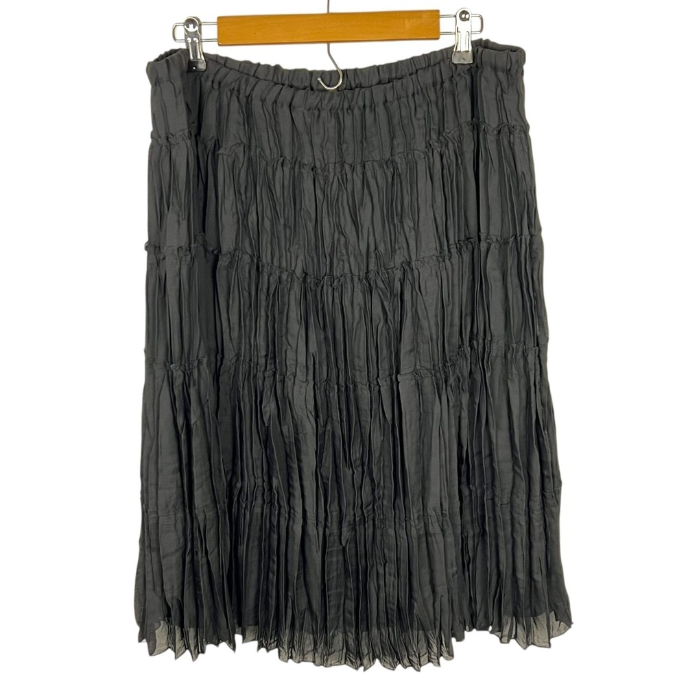 Vintage Sunny Leigh Midi Skirt XL Black Crinkle Tiered Elastic Waist Nature